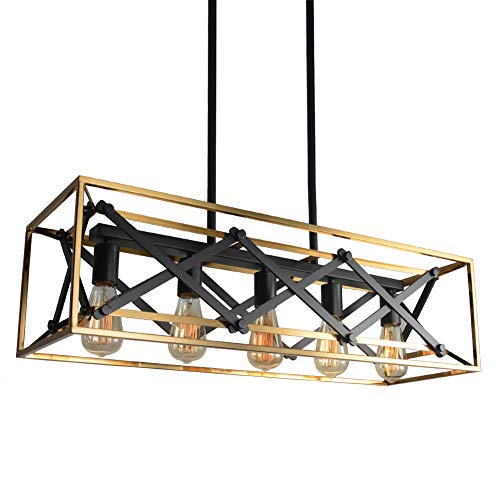 Baiwaiz Modern Gold Chandelier, Luxury Rectangle Metal and Black Wood Dining Room Light Fixture Industrial Farmhouse Kitchen Island Cage Pendant Lighting 5 Lights Edison E26 114