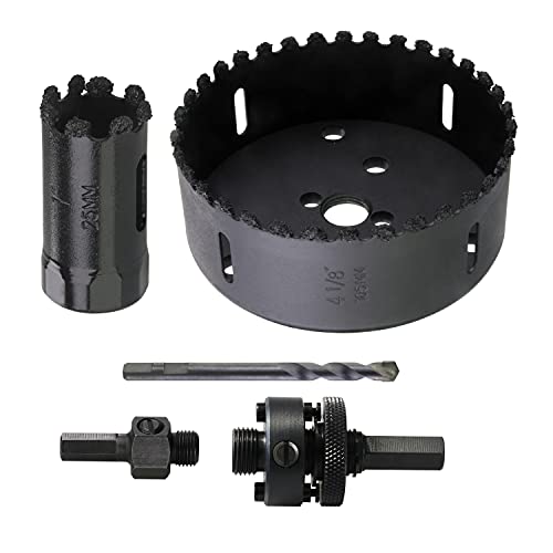 4-1 8,1 Inch 5Pcs Carbide Grit Hole Saw Kit, 1-1 2 Inch Cutting Depth with 2 Arbor & Drill Bit for Brick, Concrete Block, Fiber Cement Siding ,Backer Board, Stucco, Plasterboard