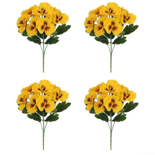 Lot de 4 fleurs de pensées artificielles décoratives multicolores avec tiges flexibles pour maison, jardin, fête, mariage, intérieur et extérieur (jaune)