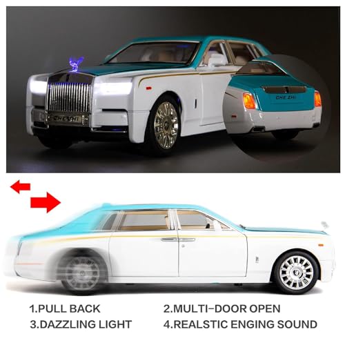 Image of FEXXA 🏎️ Exclusive Alloy Metal Pull Back Die-cast Car Model with Sound Light Mini Auto Toy for Kids Metal Model Toy Car with Sound and Light (1.24 Scale Rolls Royce Phantom - Sky)