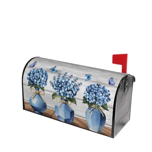 Image of Hydrangea Flowers Mailbox Cover Magnetic, Spring Summer Vintage Blue Floral Vases Mailbox Wrap 21x18Inch, Standard Size Waterproof Letter Post Cover for Yard Garden Outdoor Outside Decor