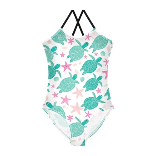 Green Sea Turtle Girls One Piece Swimsuits Pink Starfish Sport Halter Swimwear Beach Bathing Suit 3T