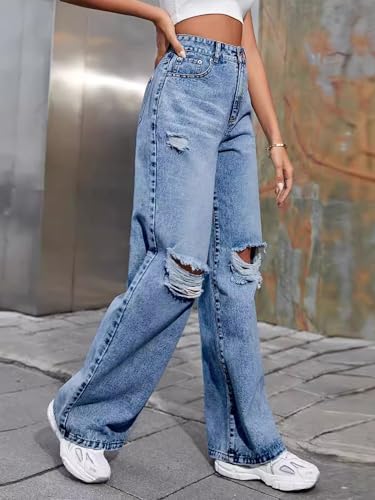Women's Wide Leg Ripped Baggy Jeans Distressed Stretchy High Waist Loose Fit Boyfriend Denim Pants Y2K3