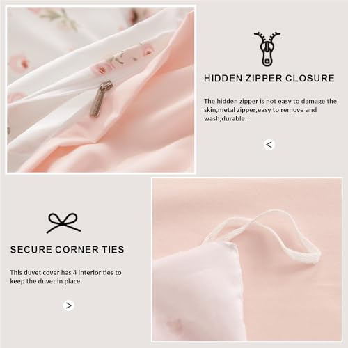 Image of Floral Duvet Cover Set King Size,Pink Floral Flowers Bedding Duvet Cover King with Zipper Closure,Reversible Comforter Duvet Cover and 2 Pillowcases