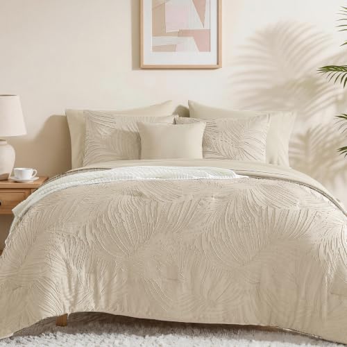 Image of Full Size Comforter Sets-7 Pieces Soft Tufted Bed in a Bag Full Bedding Set | All Season Beige Botanical Comforter with Sheets, Pillowcases & Shams