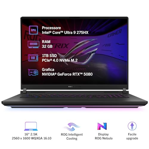 ASUS ROG Strix SCAR 16 (2025) con Display ROG Nebula da 16” a 240Hz, NVIDIA GeForce RTX 5080 16GB, Intel® Core™ Ultra 9 275HX, 32GB RAM, 2TB SSD, Win 11 Home, G635LW#B0DWSXCNC9, Layout ITA, Nero - Immagine 1