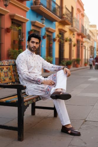 Image of Trustous Men's White Printed Kurta | Stylish Ethnic Wear Kurta for Men | Regular Fit Traditional Kurta | Festive, Wedding, Party & Casual Wear