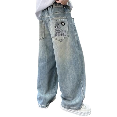 Tween Boys Straight Leg Jeans Elastic Waistband Loose Denim Pants with Building Pattern for Kids Clothes Boys4