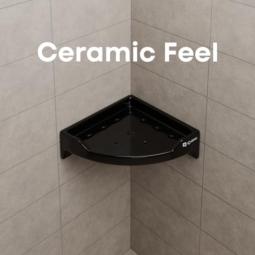 Image of Qbath 9 Inch Ceramic Corner Bathroom Shelf - Black |Wall-Mounted Black Ceramic Rack with Drainage Holes|Space-Saving Corner Shelf for Shampoo, Soap & Toiletries|Water-Resistant & Easy to Clean