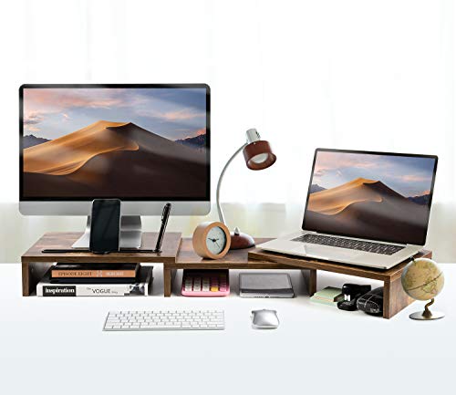 LORYERGO Dual Monitor Riser Stand - 3 Shelf Screen Laptop Stand with Storage Slots for Phone (Vintage)
