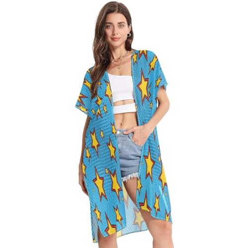SLHKPNS Blue with Yellow Stars Women's Kimono Swimsuit...