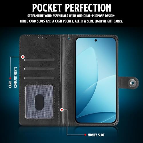 Image of WOW IMAGINE Shock Proof Flip Cover Back Case for Oppo F33 Pro 5G (Magnetic Button Flip Case | Wallet Pockets & Stand | Leather Finish | Haze Black)