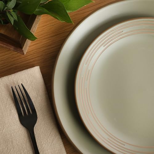 Image of Gibson Home Chiswick House 16-Piece Stoneware Dinnerware Set, Round Plates and Bowls Set for 4, Green with Wax Relief Embossed Rim Detail, Dishwasher Safe - Dinner Plate, Salad Plate & Cereal Bowl