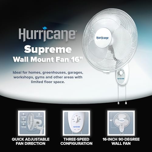 Hurricane 16" Supreme Oscillating Wall Mount Fan w/ 3 Quiet Speeds, White - Corded Electric Air Cooling Unit w/ Easy Pull Cord Controls for Homes, Greenhouses, Garages, Workshops & Gyms