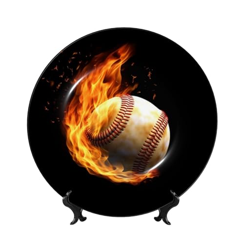 LHBWCVN Fire Baseball Ceramic Decorative Plates 6in Personalized Bone China Decorative Plate with Display Stand Ceramic Dinner Plate Ornaments Wall Hanging Decoration for Home Decor