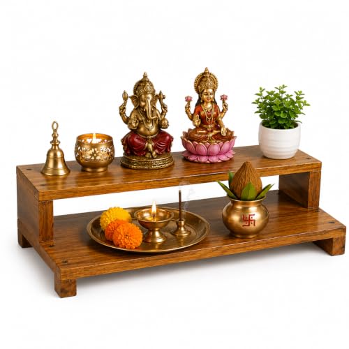 Image of Kamdhenu Wooden Pata Chowki for Pooja |2 Step Pata Chowki Decorative bajot for Sitting Pooja Temple Stool for Mandir| Wooden Bajot Chowki for Temple, Home & Decorative Use (15 x 8 x 3.5 Inch)