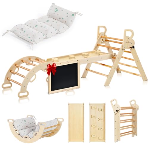 Image of BlueWood Pikler Triangle Set, 7-in-1 Foldable Wooden Toddler Climbing Toys Indoor Playground Jungle Gym Montessori Philosophy Climber for 2-6 Years Old, Baby, Kids (Natural)