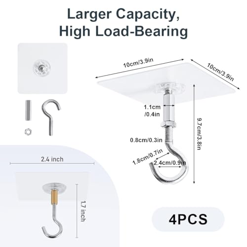 Image of HASTHIP 4Pcs Ceiling Hooks Adhesive Heavy Duty Stick On Ceiling Hangers with Large Adhesive Pads for Hanging Plants Pots, Lights Wind Chimes and Home Storage