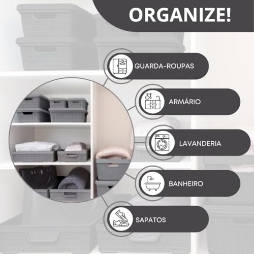 Kit 5 Caixa Organizadora com Tampa Cesto Grande em Plástico 1,8 L 5 L 15 L - Rv-Ecommerce (Cinza)