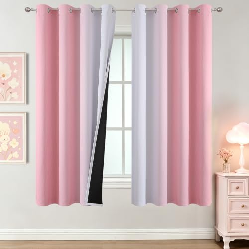 Image of Estelar Textiler Pink and Greyish White Ombre Blackout Curtains 63 Inch Long for Kids Bedroom, Room Darkening Thermal Insulated Grommet Gradient Window Drapes for Living Room /Nursery, 52Wx63L,2 Panels