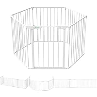 VOUNOT® 6 Panel Safety Barrier Fireplace Protection Foldable Metal Fire Guard Hearth Gate with Lockable Door, Playpen Multi-Function Room Divider Pre-Assembled 3.75M White