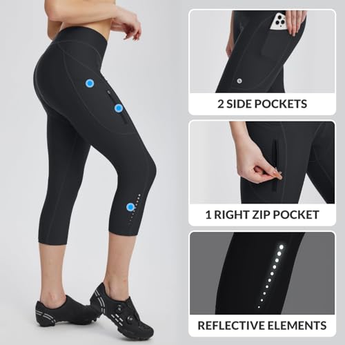 baleaf Calça feminina acolchoada de cintura alta para ciclismo 3/4 capri legging com bolsos com zípe
