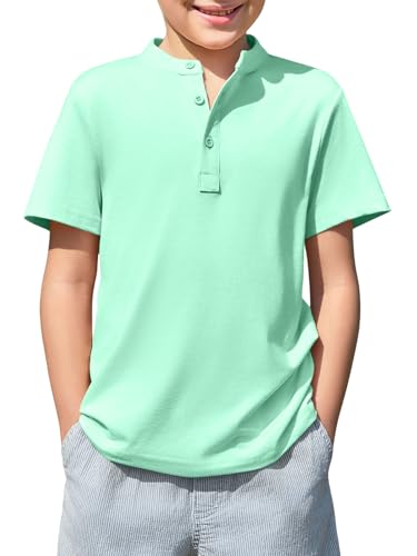Haloumoning Boys Short Sleeve Henley Shirt Kids Casual Button Front Summer T-Shirts Tops Tees 5-14 Years Mint Green