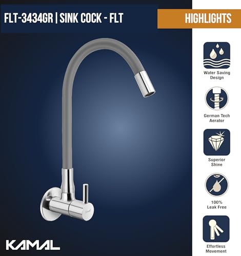 Image of KAMAL Full Brass Sink Tab - Cock (Flexible Swivel Spout 360 Degree) Single Flow Grey & Chrome Bib Tap Faucet (Wall Mount Installation Type)