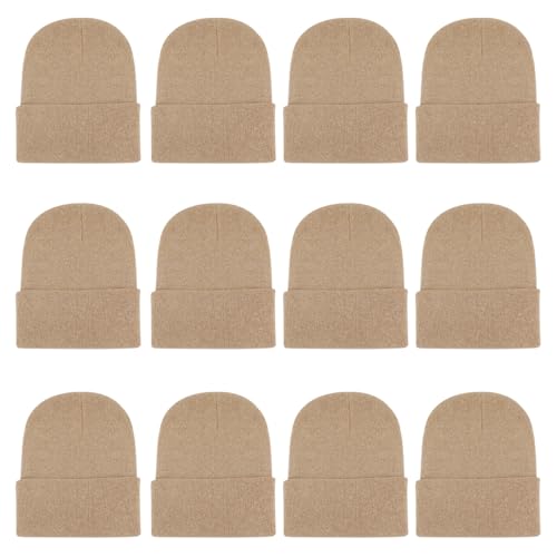 ZH 12-Pack Knitted Winter Beanie Hats for Men and Women Warm and Cozy Cuffed Skull Caps Bulk Purchase Khaki
