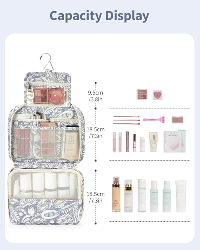 Image of Hanging Travel Toiletry Bag Cosmetic Make up Organizer for Women and Girls Waterproof (Blue Leaf)