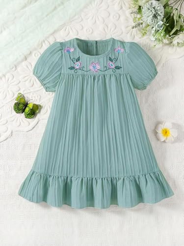 Image of TAGAS Girl Summer Embroidered Square Neck Dress with Ruffle Hem || Girls Dress || Party Dress for Girls ||Fency Dress||(KD-352) Green