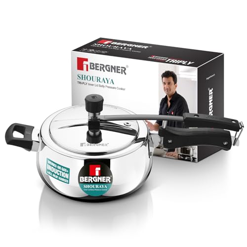 Bergner Shouraya Triply Stainless Steel 3.5 Litres Inner Lid Pressure Cooker, Belly Shape, Faster and Even Heat Distribution, Healthy Cooking, ISI-Certified - Induction and Gas Stove Ready