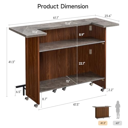 61" Foldable Bar Table, Mobile Party Bar Station on Lockable Wheel - Image 2