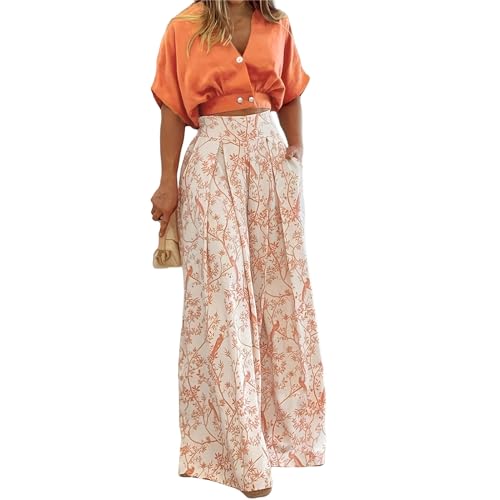 Summer 2 Piece Sets for Women Floral Outfits V Neck Batwing Sleeve Shirts Flower Print Wide Leg Pants Business Suit