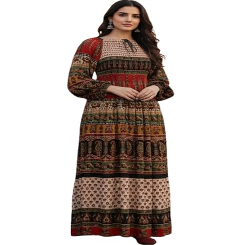 Image of Women's Cotton Dress Jaipuri Sanganeri Print Midi Long Dress Printed Fit and Flare Maxi Dress A-Line Gown Dress Maxi Skirt, Mandala (Free Size)
