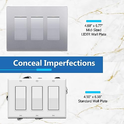 Image of LIDER Decorator Switch Cover, Screwless Wall Plate, Mid-Size 3-Gang 4.88 inch x 6.77 inch, LSWP-33M-SV, UL Listed, Thermoplastic, Matte Silver, 1-Pack