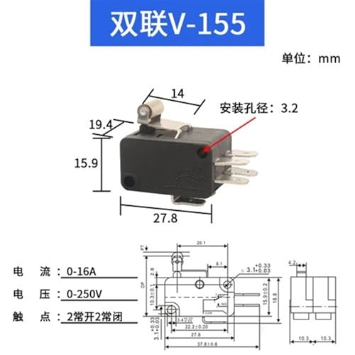 Microinterruptor de límite 16A 250V interruptor final de carrera brazo largo Double-V-155 2
