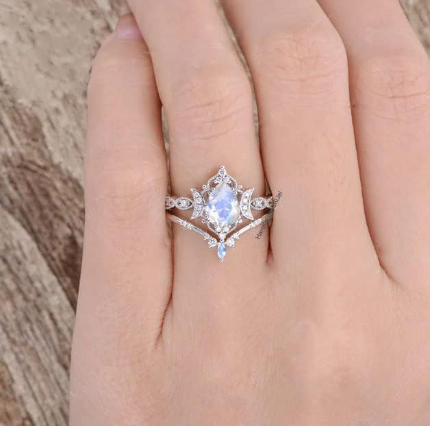 925 Sterling Silver White Moonstone Engagement Ring Set | Pear Shaped Moonstone and CZ Diamond Ring | 2pcs Vintage Moon Floral Wedding Ring for Women