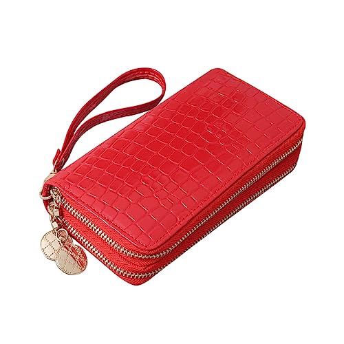 Large Capacity Double Zipper Patent Leather Wallet for Women Stylish Red PU Leather Long Purse RFID Blocking and Multiple Compartments