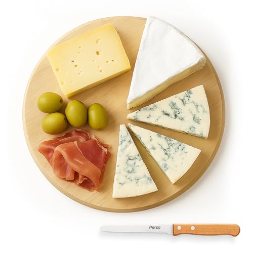 Tabla De Cortar De Madera De Abedul Redonda De 23 Cm + Cuchillo Multiusos, Tabla De Cocina Profesional Para Cortar Servir Desayunos O Decorar, Ideal Como Tabla Para Quesos Y Aperitivos