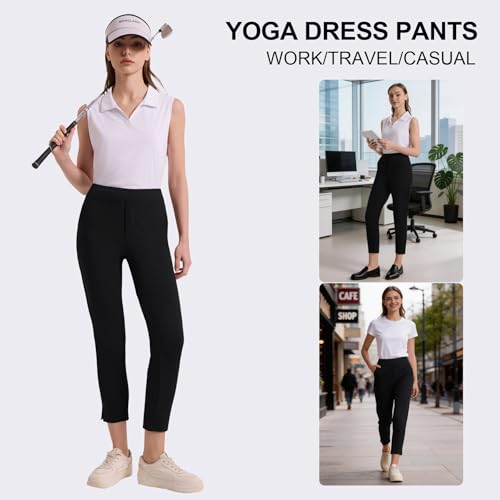 Image of QBK Women's Petite Ankle Pants 25 inch /27 inch Stretchy Pull On Work Dress Business Casual Slacks with Pockets for Yoga Travel Golf