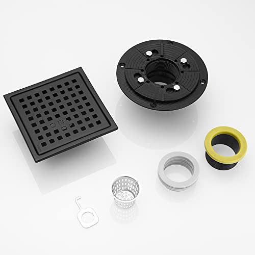 Apromoom 6 Inch Square Shower Floor Drain With Flange Quadrato Pattern Grate Removable Stainless Steel Matte Black Sus 304 #TOP6