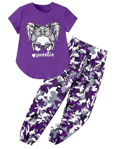 Image of Girls Outfits Short Sleeve Irregular Tops + Camouflage Long Legging Outfits 2PCs Summer Pant Sets 6-14T