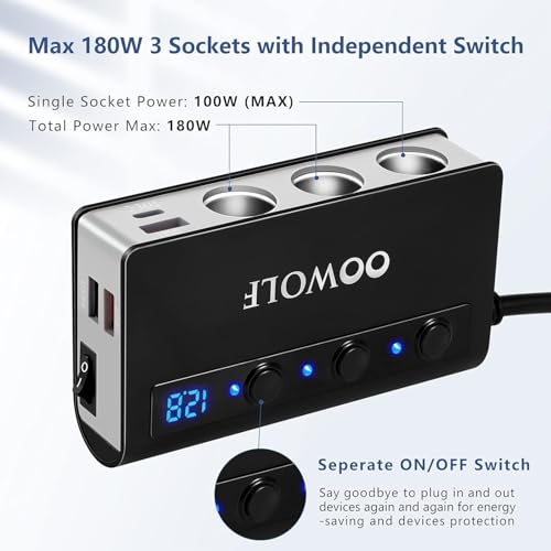 Image of OOWOLF [Upgraded Version] Cigarette Lighter Splitter 2 QUICK CHARGE 3.0, Type-C 12V /24V Cigarette Lighter Adapter, 3-Socket 180W Car Charger Splitter, LED Voltmeter Display Separate Switch