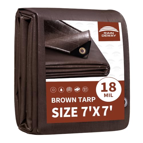 RAINDEWAY Tarp 7x7ft Brown Tarps Heavy Duty Waterproof 18Mil Extra Thick