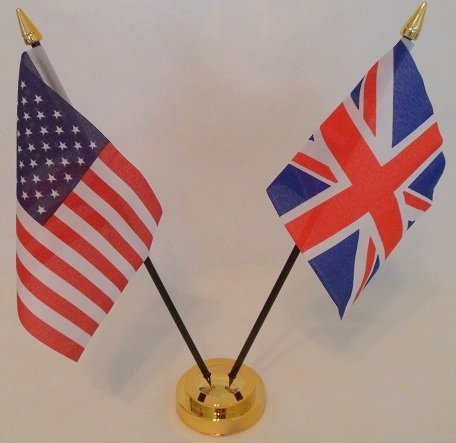 USA United States Of America Union Jack 2 Flag Friendship Table Display With Gold Base