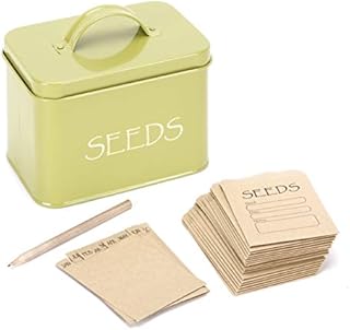 Katai Steel Seed Storage Box Organiser in Green. Compact Seed Packet Container with Lid Complete with Monthly Dividers, 20 Envelopes and Pencil