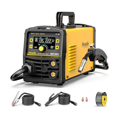 hynade MIG Welder, Flux Solid Core MIG/Lift TIG/Stick 3 in 1 MIG Welding Machine, MIG135FX 110V single Voltage with Synergic Control Digital Display Screen (MIG135FX)