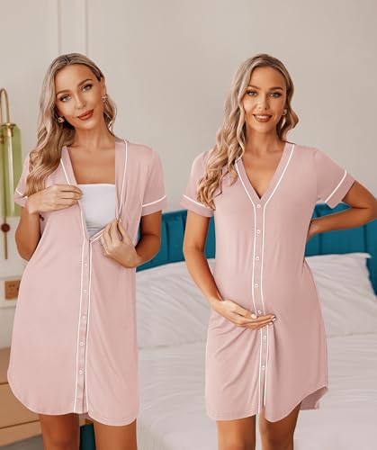 Image of Ekouaer Womens Nightgown Button Down Sleep Shirts Short Sleeve Nightshirt V-Neck Sleepdress Soft Sleepwer