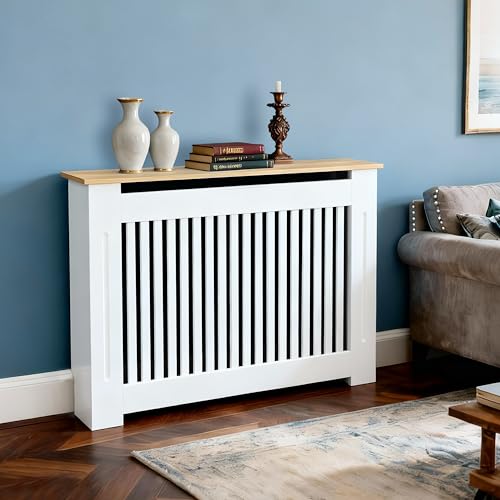 FATIVO Cache Radiateur en Bois Blanc Couverture Moderne avec Lattes et Étagère Supérieure...